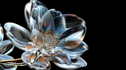 3D rendering of a beautiful flower made of glass or metal with a shiny surface reflecting the light.