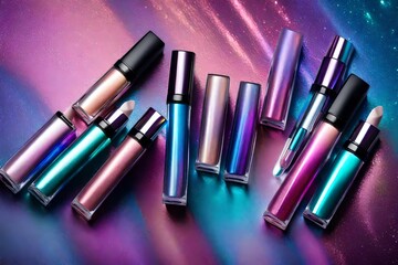 Envision a futuristic lip gloss collection featuring metallic and holographic shades
