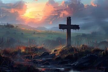 a cross on a hill with a sunset in the background - obrazy, fototapety, plakaty