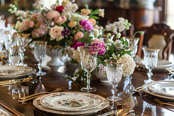 Fototapeta premium An elegant dining table set with fine china and floral arrangements: Evoking sophistication and refinement in dining experiences.