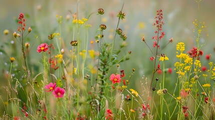 Floral Splendor: Close-Up Panoramic Photo of Wildflowers and Grassland