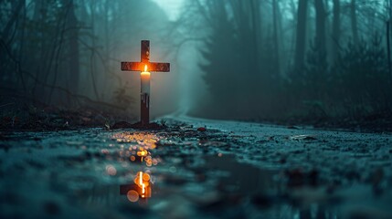 a cross with a candle in the middle of a road