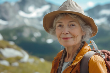 An elderly woman dressed in casual clothes wears a wide-brimmed hat and carries a backpack on her back while hiking in the mountains