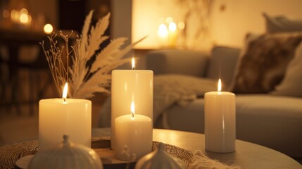 A cozy and atmospheric interior photo for a home magazine, featuring a close-up of flickering candles in a dimly lit setting. The background is adorned with a soft beige decor - Powered by Adobe