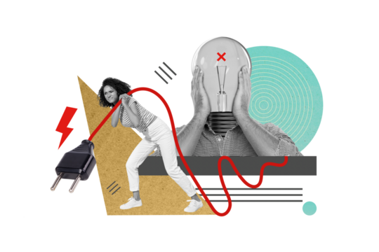 Collage 3d pinup pop retro sketch image of tired lady trying turn on guy bulb inside head isolated painting background