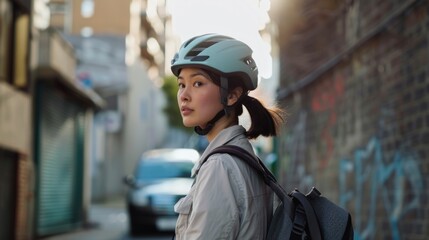 a foto of a women wearing a bicycle helmet in an urban environment