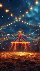 Circus tent with illuminations lights at night 