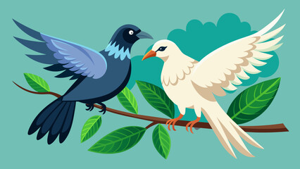 a-dove-and-a-crow-sharing-a-branch vector illustration 