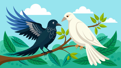 a-dove-and-a-crow-sharing-a-branch vector illustration 