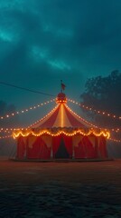 Circus tent with illuminations lights at night 