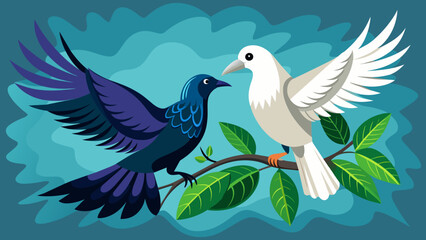 a-dove-and-a-crow-sharing-a-branch vector illustration 