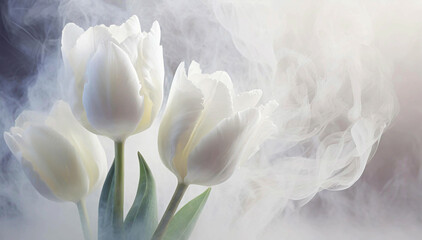 Białe tulipany. Abstrakcyjne tło kwiatowe. wiosenne kwiaty. Pastelowe tło dym - obrazy, fototapety, plakaty