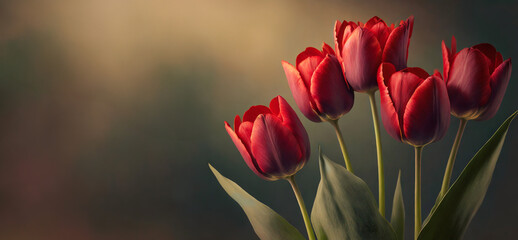 Wiosna, czerwone tulipany. Wiosenne kwiaty. Puste miejsce na tekst - obrazy, fototapety, plakaty