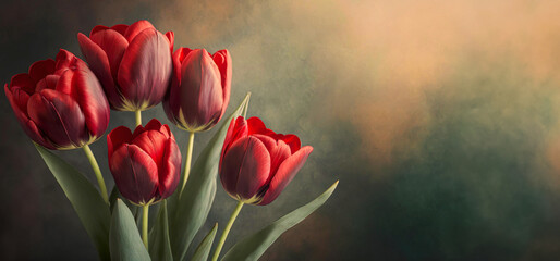 Wiosna, czerwone tulipany. Wiosenne kwiaty. Puste miejsce na tekst - obrazy, fototapety, plakaty