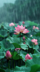 A lotus, rain, healing, realistic landscape photos
