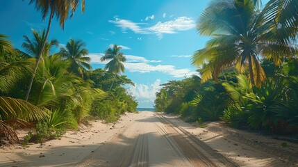 Empty sand road in the jungle, off road, under a blue bright sky. Generative AI.