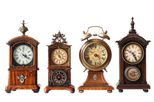 Three Clocks Aligned Next to Each Other. On a Clear PNG or White Background.