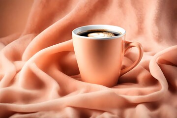 Cup of coffee in Peach Fuzz color, background with selective focus and copy space mockup