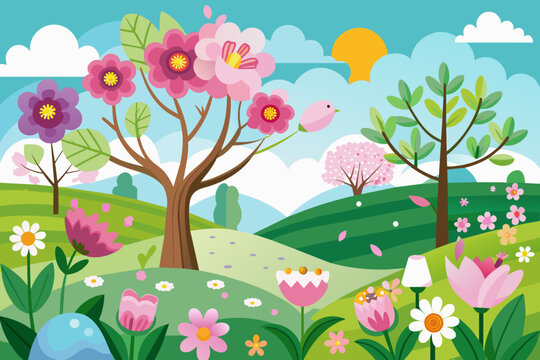 spring landscape with flowers and trees