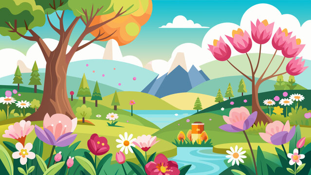 spring landscape with flowers and birds