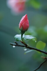 unopened pink bud on a stem with a drop of water hanging from it, blurred green leaves in the background