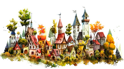 A small medieval city surrounded by trees, clipart, fantasy, for scrapbooking, video games