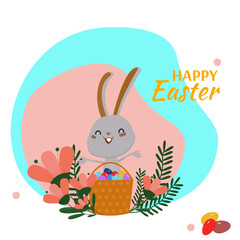 Easter card with a bunny and a basket of eggs, bright vector postcard