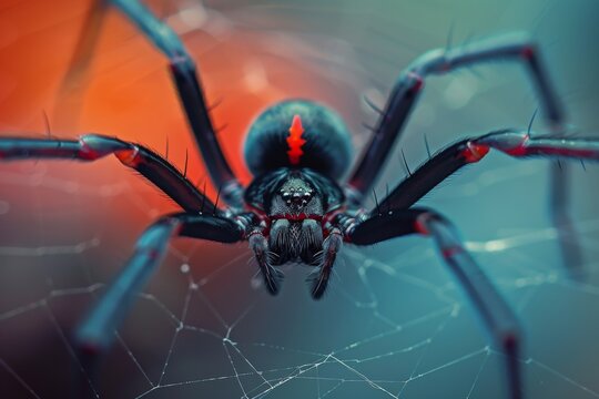 a black widow spider from top, the spider facing the top of the image.