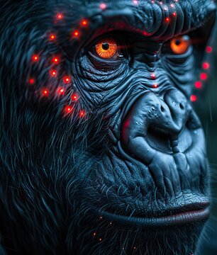 a high resolution photo of a real electronic hybrid, gorilla face, human body, in the style of detailed science fiction illustrations, cyberpunk