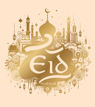 Eid Mubarak greeting card featuring a vector stencil design in gold
