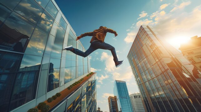 View from a rooftop of a man jumping from one rooftop to another rooftop, modern glass buildings. Generative AI.