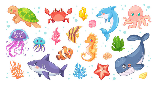 Big marine set in childish style. Vector illustrations of sea life, animals, shells, corals, fish. Collection on theme of sea in cartoon
