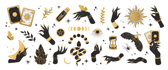Boho mystical, esoteric set of vector icons and stickers. Black and gold color.  Witch's hands, tarot cards, eye, snake, lunar day, moth, spider, crystals, potion - obrazy, fototapety, plakaty