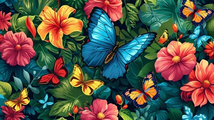 Fototapeta na wymiar Vibrant and colorful tropical flowers and butterflies. Perfect for use as a background or for web design.