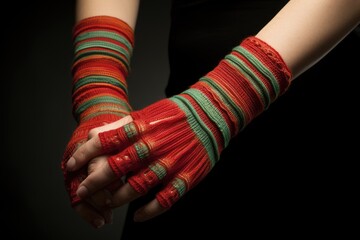 Red and green striped arm warmers. - obrazy, fototapety, plakaty