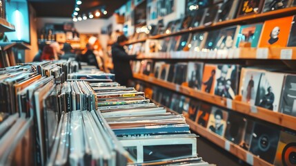 Blurred image of a record store with shelves full of vinyl records and customers browsing through them. - obrazy, fototapety, plakaty