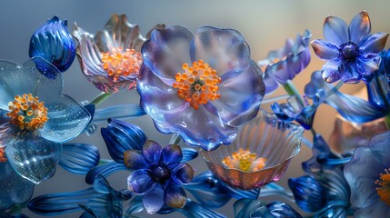 3D rendering of blue and purple flowers made of glass. The petals are transparent and have a glossy...