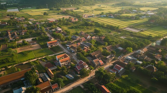 An aerial shot of a small village nestled in a valley. The village is surrounded by lush green fields and trees, with a river running through it.