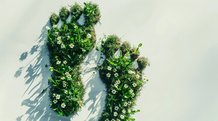 Top view of human footprint made of grass and flowers texture, light background. Ecology concept. Generative AI