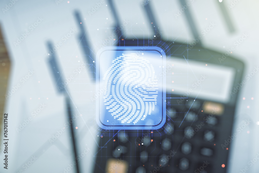 Poster multi exposure of virtual graphic fingerprint sketch on blurry calculator and papers background, fin