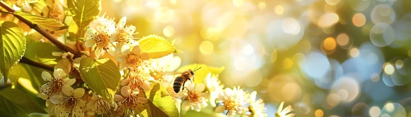 Fototapete Linden Tree in Full Bloom with Bees Gathering Nectar on a Serene Summer Day © Thares2020