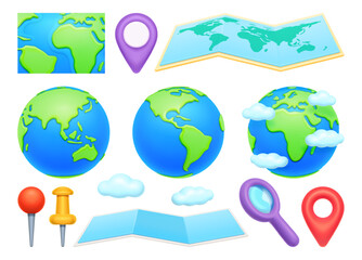 Cartography map and navigation point, travel tip and magnifier, earth globe and clouds isolated on white. Worldwide navigate buttons, place search objects, atlas navigation map