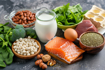 A variety of foods including nuts, fish, and vegetables are displayed on a table. Concept of health and wellness, as these foods are all known to be nutritious and beneficial for the body