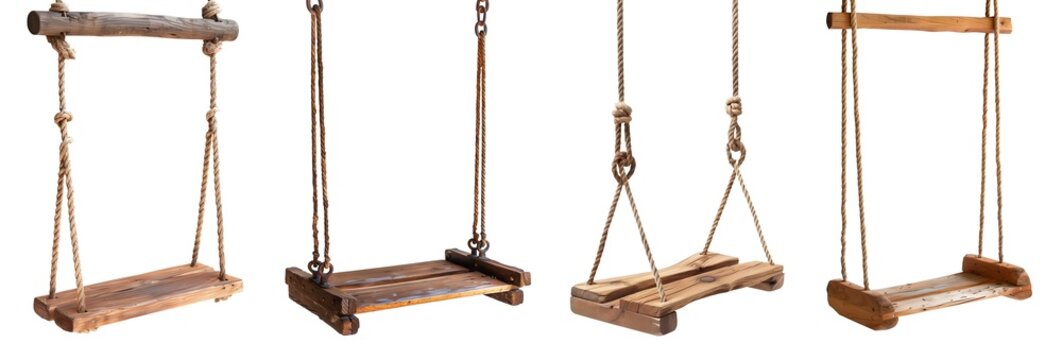 Set of Wooden stump wood rope swing on transparent background cutout, PNG file. Side view Many assorted different Mockup template for artwork design

