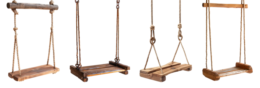 Set of Wooden stump wood rope swing on transparent background cutout, PNG file. Side view Many assorted different Mockup template for artwork design

