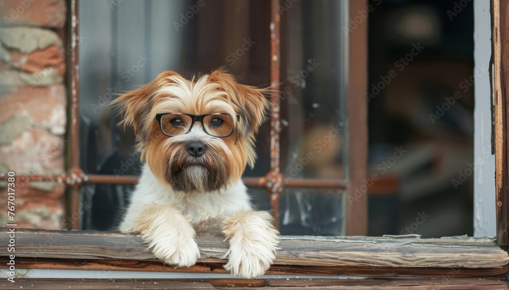 Canvas Prints adorable, sad puppy next to a broken window