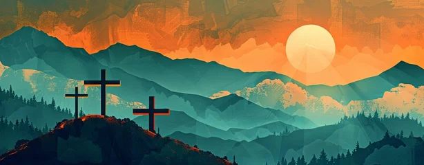 Foto op Plexiglas Three crosses on the mountain top, illustration, flat design, orange and teal color palette, digital art style, textured background © K'kriang Krai