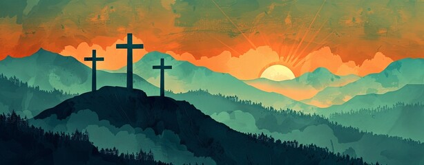 Three crosses on the mountain top, illustration, flat design, orange and teal color palette, digital art style, textured background - obrazy, fototapety, plakaty