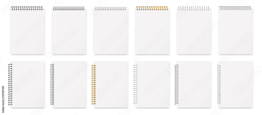 Poster Blank pages of notebook or diary, isolated set of notepads with spiral binder. Vector realistic stationery for school, office or university. Taking notes, sketchbook or worksheet, empty organizer