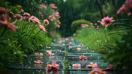 Behangcirkel Garden with walkway during spring tall pink flowers and green grass dark rainy scene. Generative AI. © visoot